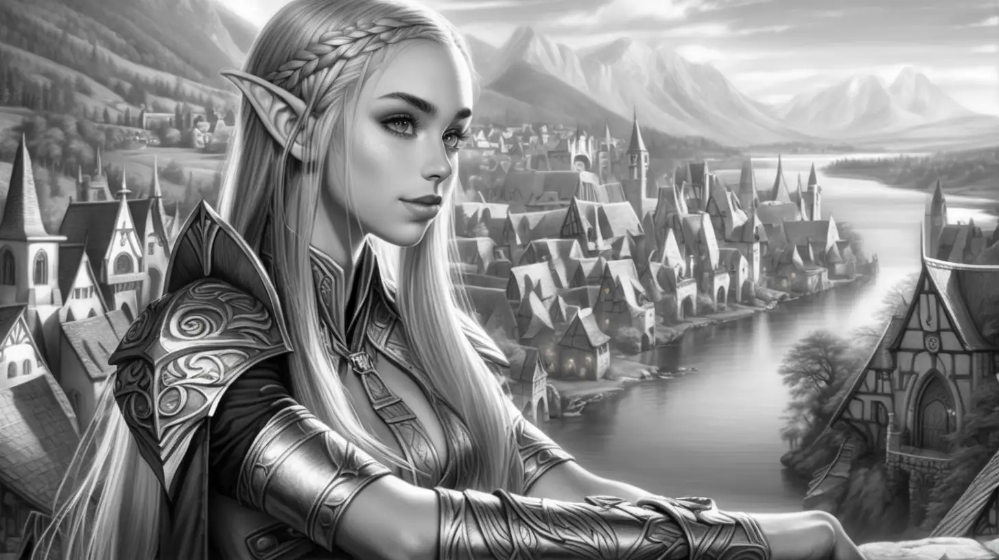 Enigmatic SilverHaired Elf Overlooking Medieval Fantasy Village