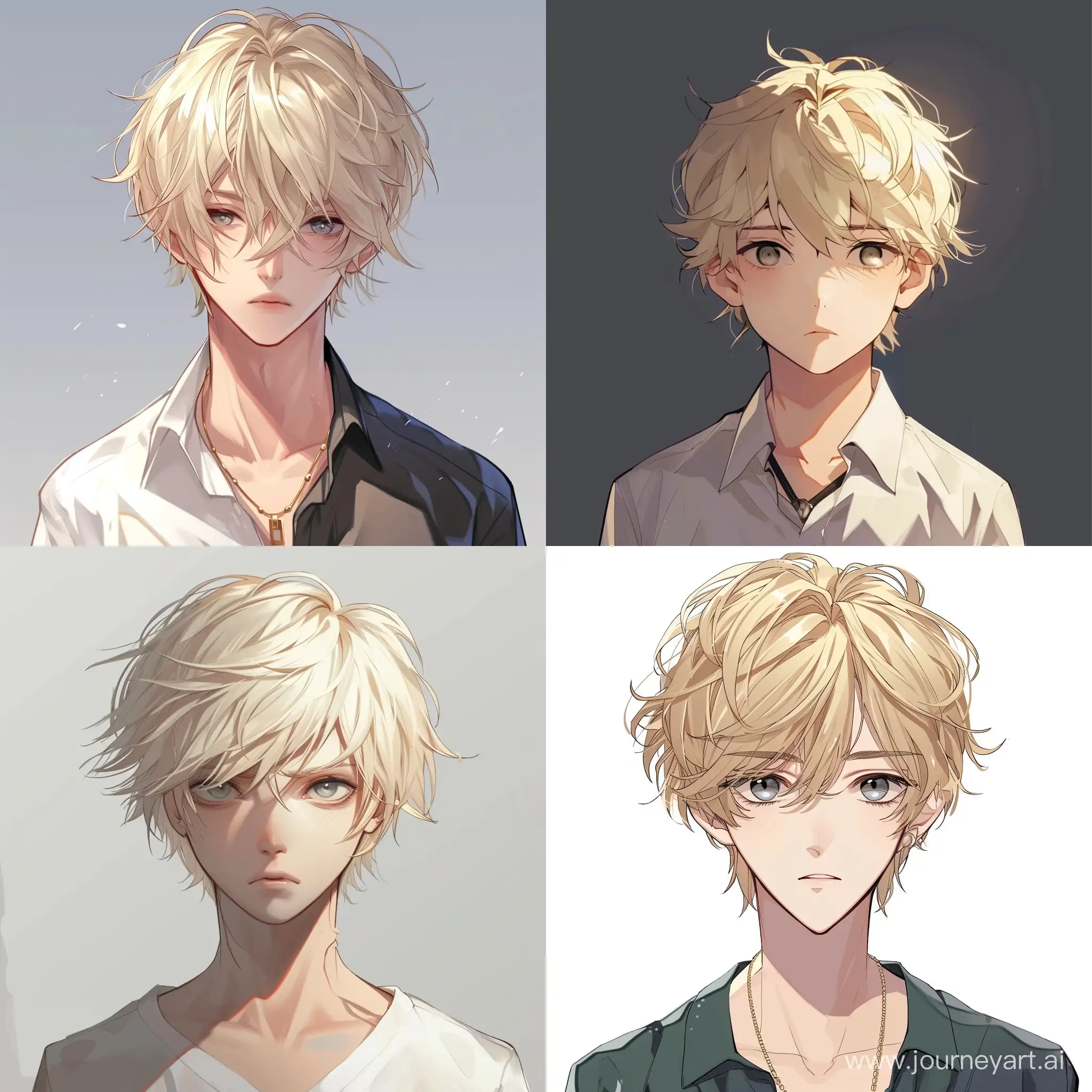 anime avatar blond hair and  hairstyle boy and grey eyes and workplace
