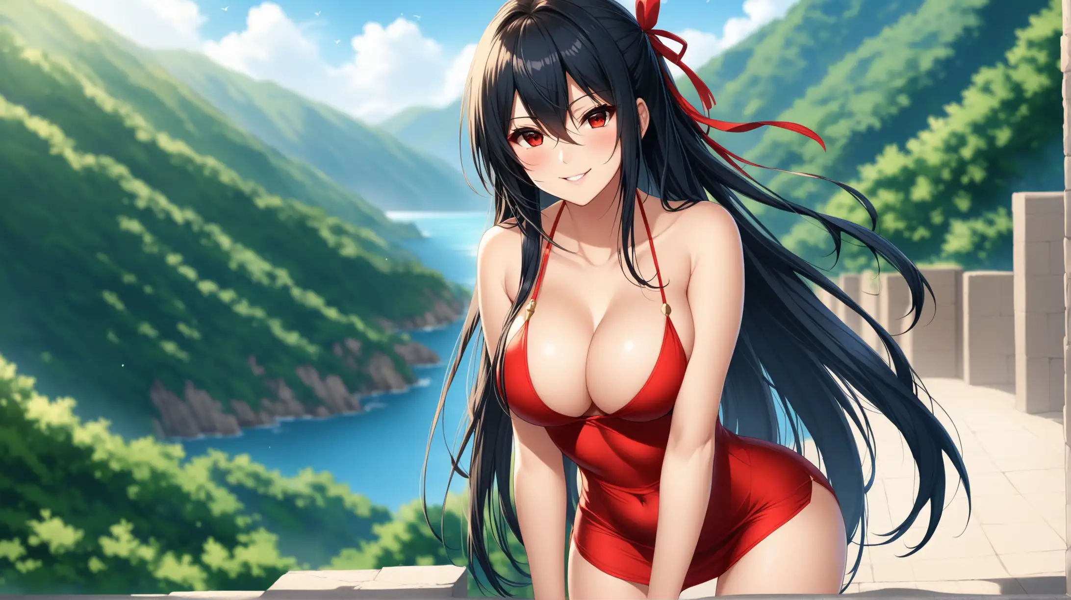 Draw the character Taihou from Azur Lane, red eyes, long hair, high quality, natural lighting, long shot, outdoors, seductive pose, minidress, smiling