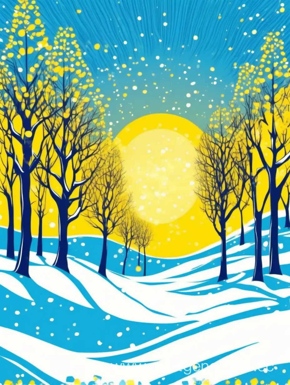 bright background for printable poster, without peoples, for Carol interludes with musical diversions based on Ukrainian folklore and literature, winter, sunlight, joyful, nature only, yellow-blue