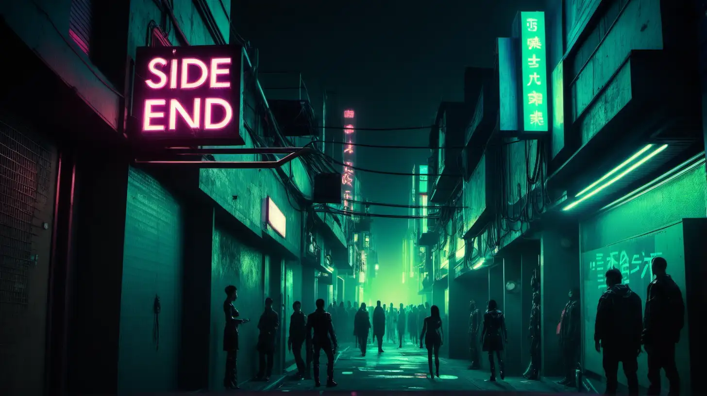 A view at night down a neon lit side street in a cyberpunk city. A number of people are at the end of the street facing a glowing sign. The sign is above the entrance to a building.