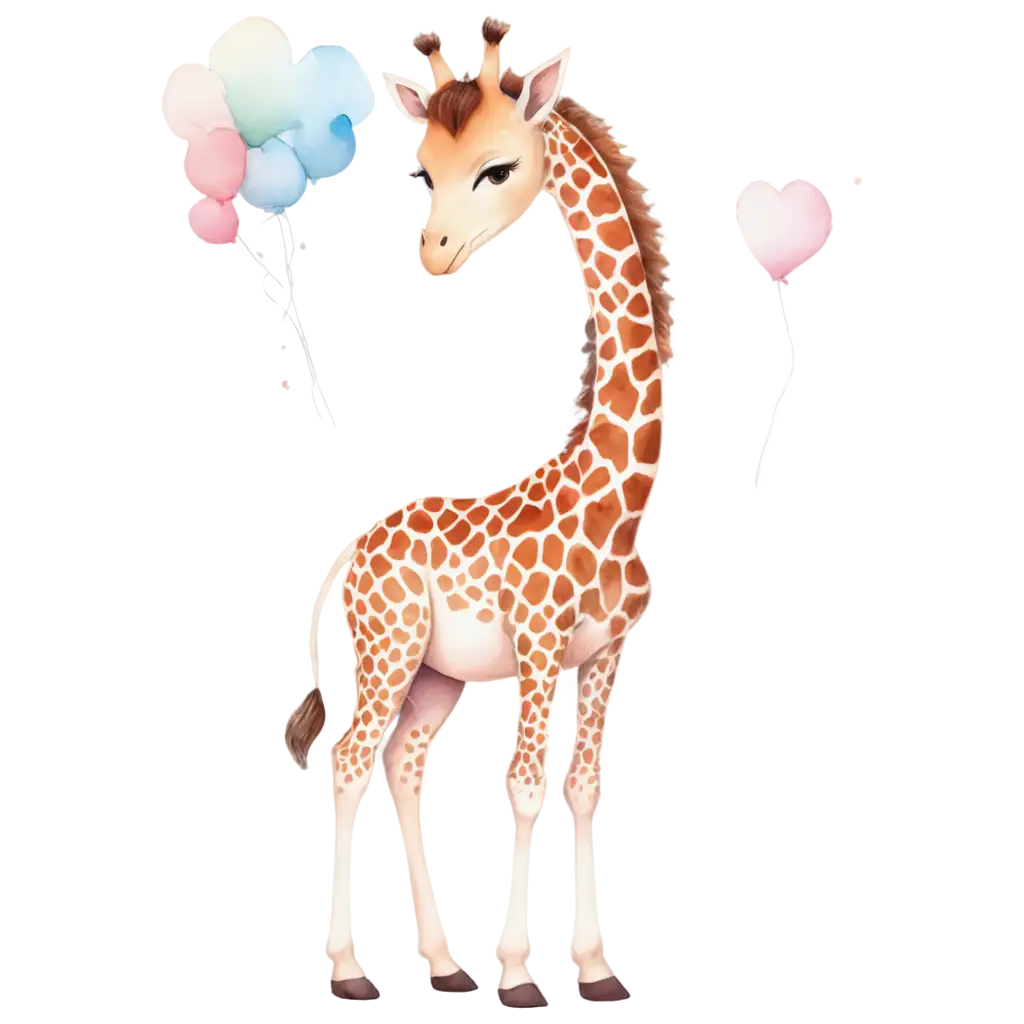 Mamãe girafa com filhote girafinha fofa com laço rosa, em meio às nuvens, aquarela suave, estilo Disney, 8k