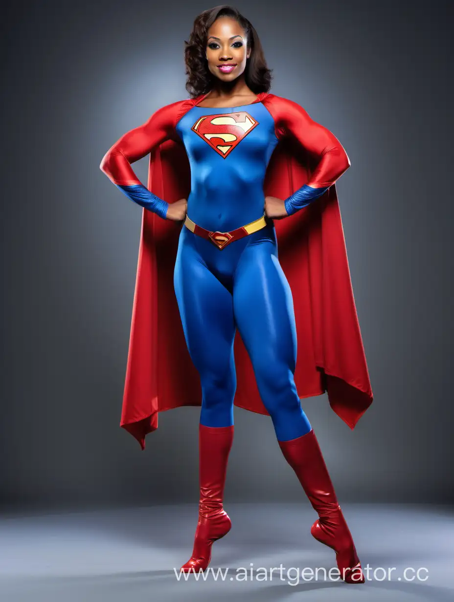 A beautiful African American woman with straight hair, age 30, She is happy and muscular. She has the physique of a ballet dancer. She is wearing a Superman costume with (blue leggings), (long blue sleeves), red briefs, red boots, and a long cape. The symbol on her chest has no black outlines. She is posed like a superhero. Strong and powerful.