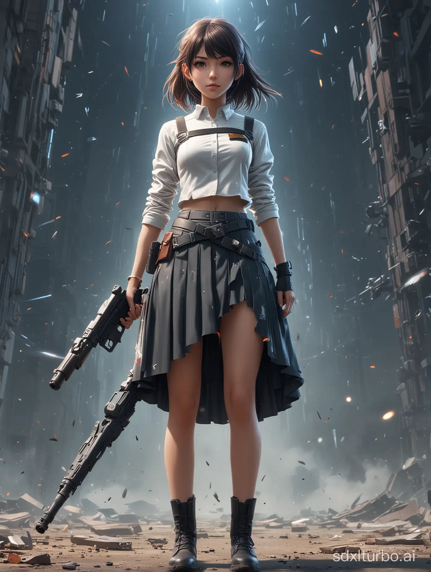 Design a captivating sci-fi movie style poster featuring a rendered anime girl in a skirt, portrayed in full body and armed with a shooting bullet.