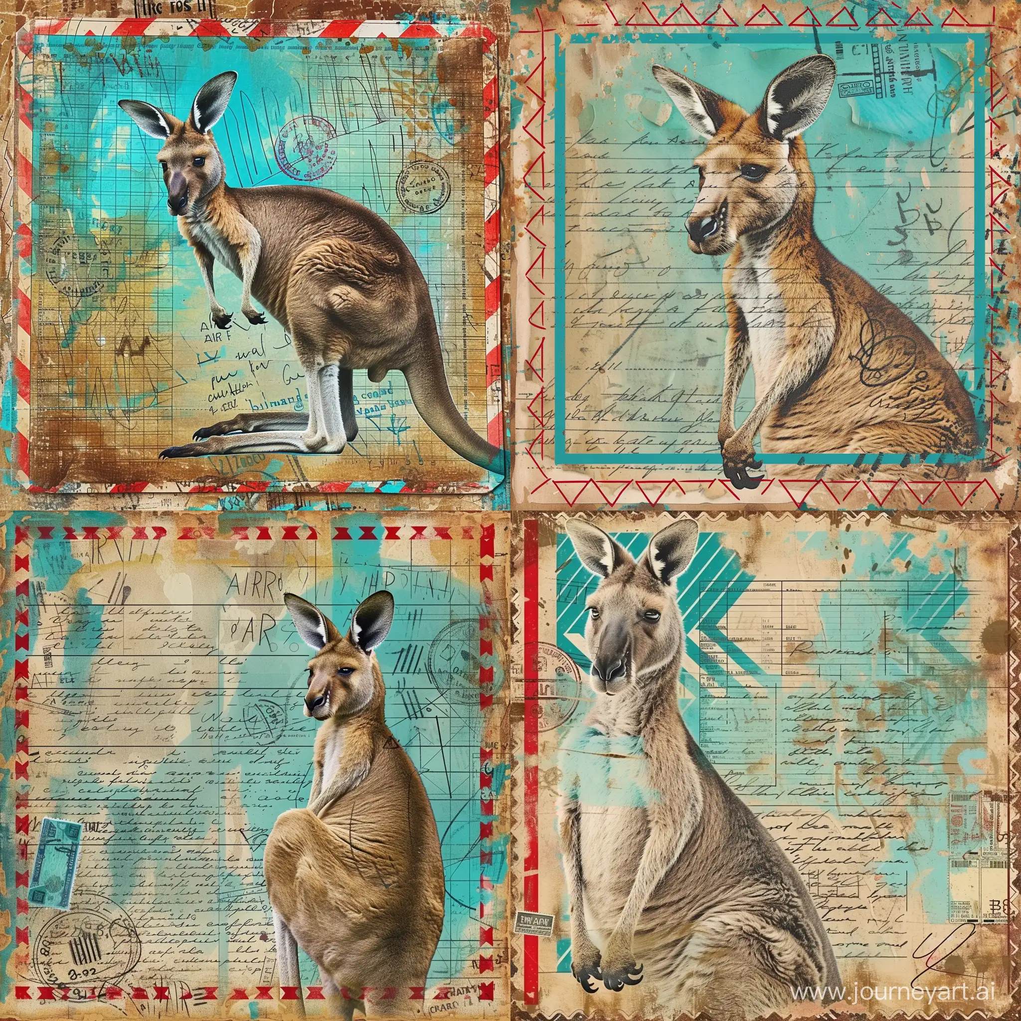 Create mail art, a postcard with a blue and red airmail border, the whole image resembles a mixed media collage with an overall distressed and vintage aesthetic and on the postcard is a kangaroo. The background combines teal, brown, and beige tones with areas of texture mimicking rust and patina. Overlaid texts in various fonts and scripts suggest old handwritten letters or documents. Incorporate abstract shapes with geometric lines and circles. Embellish with postage stamps, scribbles to add an element of spontaneity.