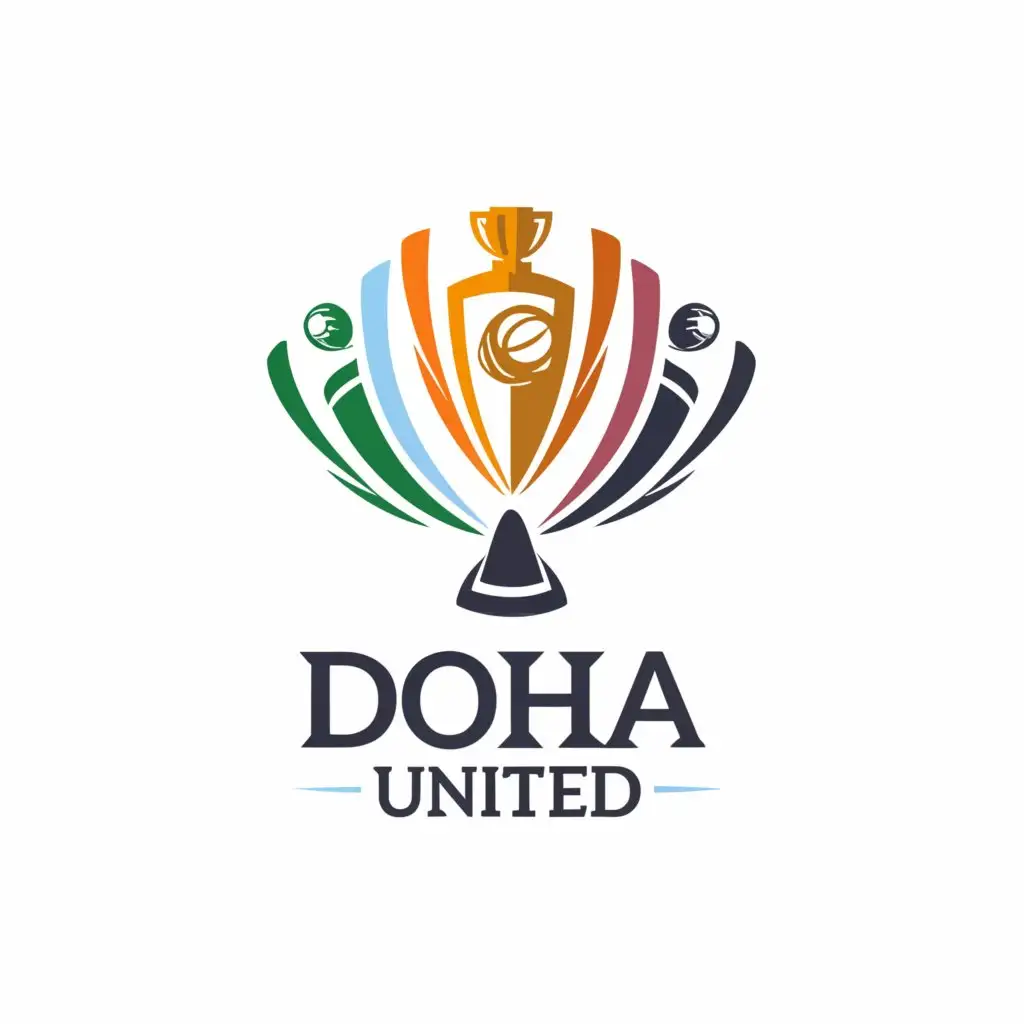 LOGO-Design-for-Doha-United-Sports-Club-Emblem-with-Football-Cricket-Volleyball-Badminton-and-Trophy