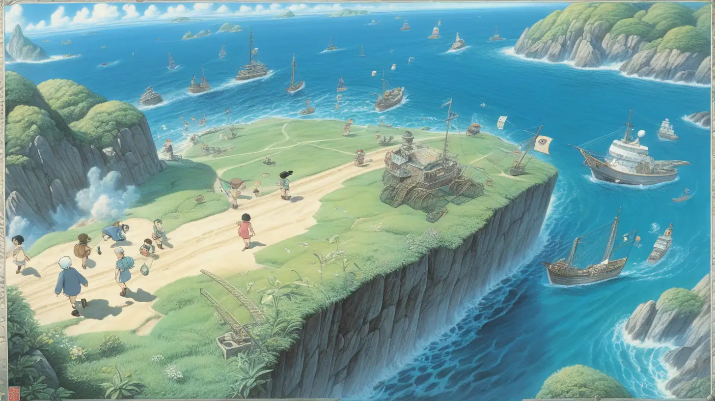 beauiful illustration of fantasy, on the ground of the ocean, amazing detailed game poster, aerial shot, wide angle, Hayao Miyazaki --ar3:2 --niji 5