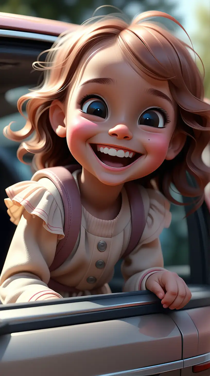 Generate an AI scene featuring a pretty and cute little girl, happily smiling amd getting out of a car. Capture the warmth and joy of the moment, with emphasis on her adorable expression and the overall positive atmosphere