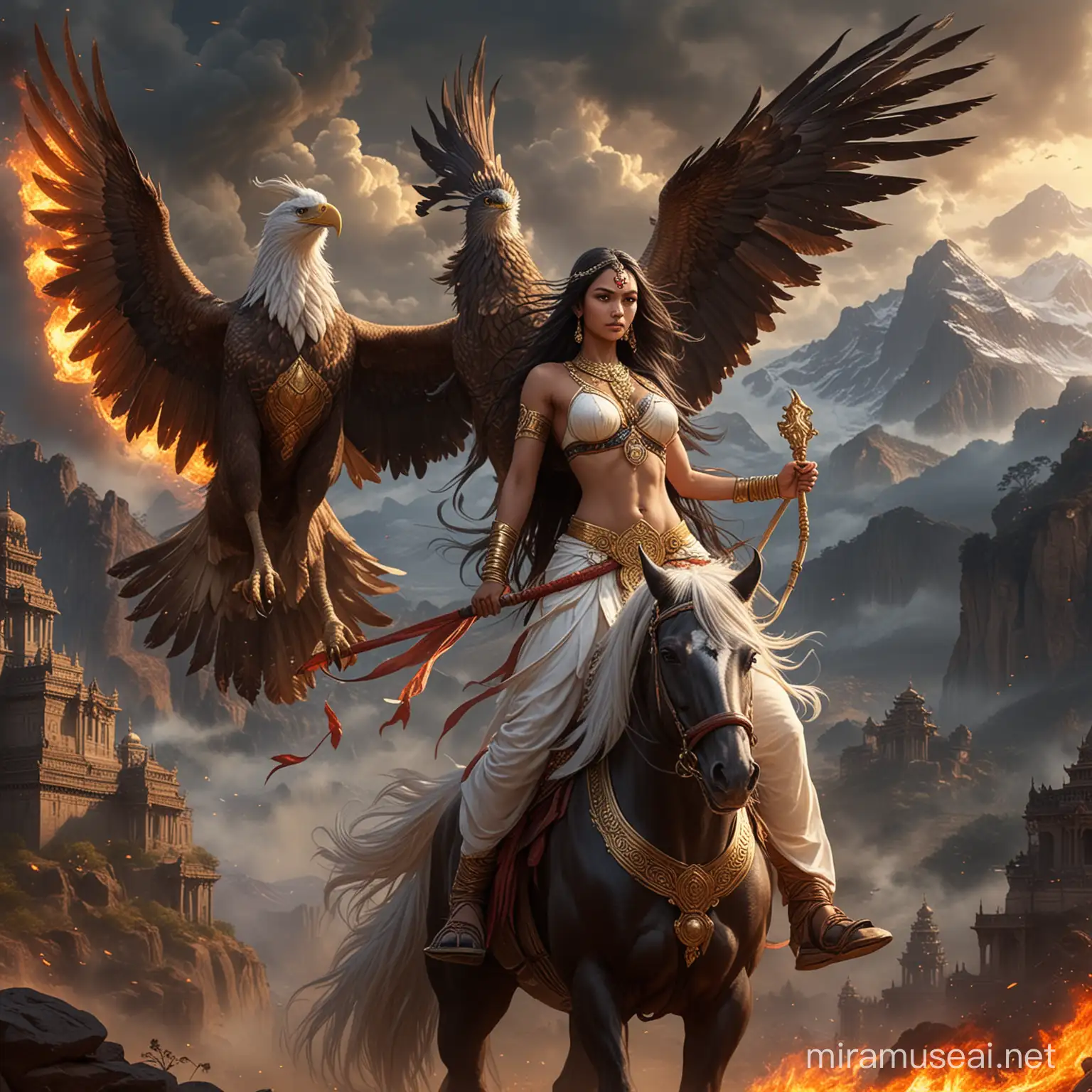 Majestic Hindu Empress Goddess in Fiery Battle with Demons