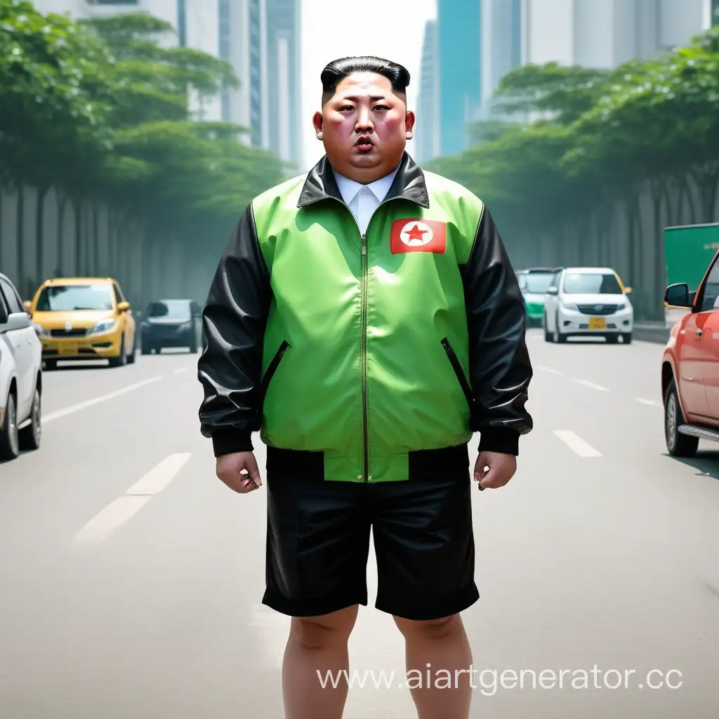 Seorang gojek driver berwajah Kim Jong un memakai jaket gojek bercelana pendek mukanya marah 