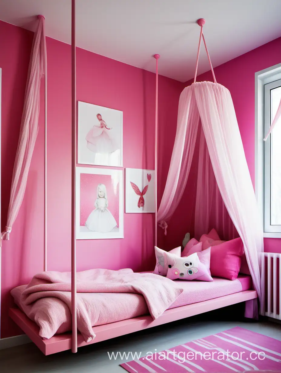 детская для девочки 5 лет в розовых оттенках и подвесной кроватью