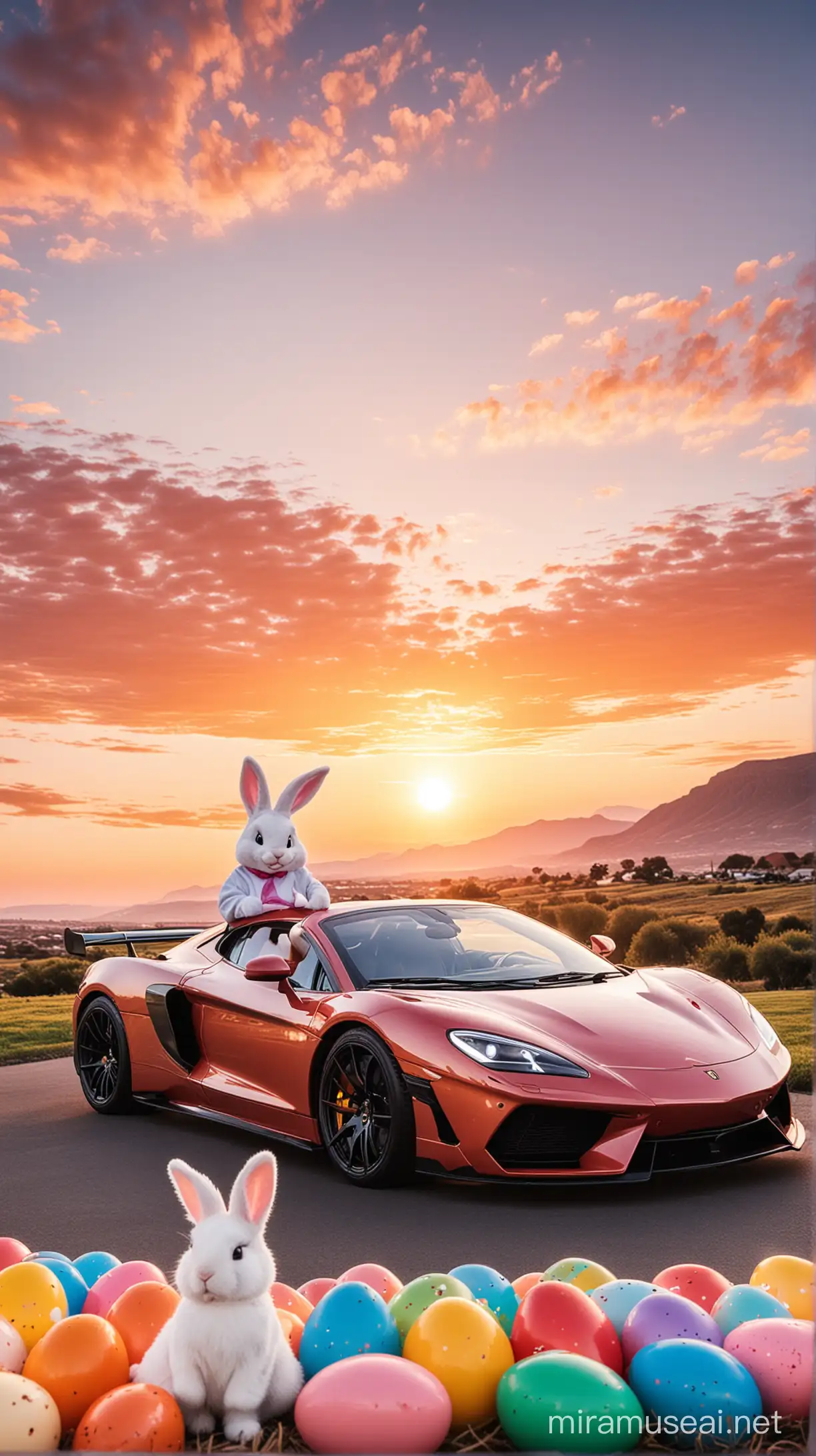 Luxury Supercar Silhouette Against Vibrant Sunset with Easter Bunny and Colorful Eggs