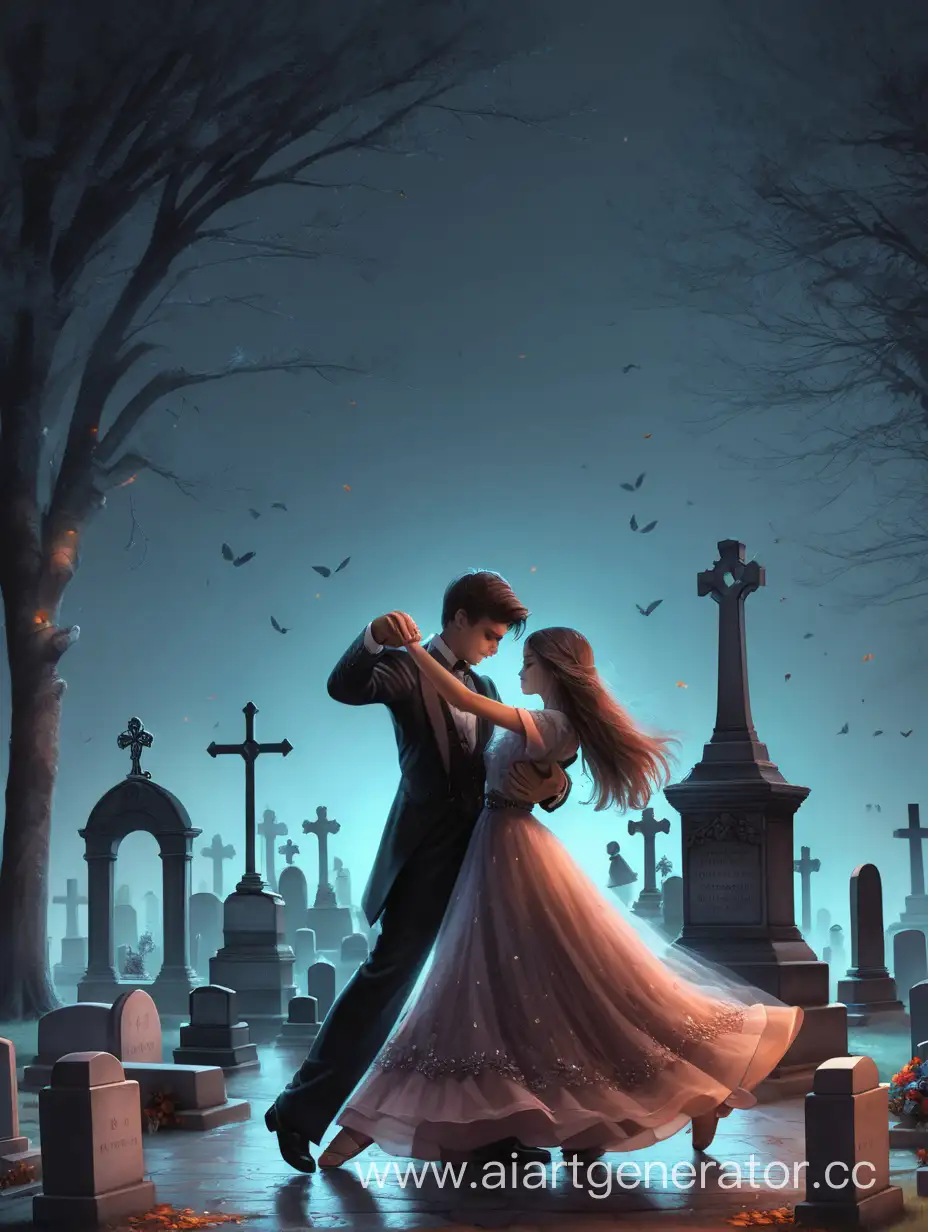 a guy and a girl are dancing a waltz in the cemetery