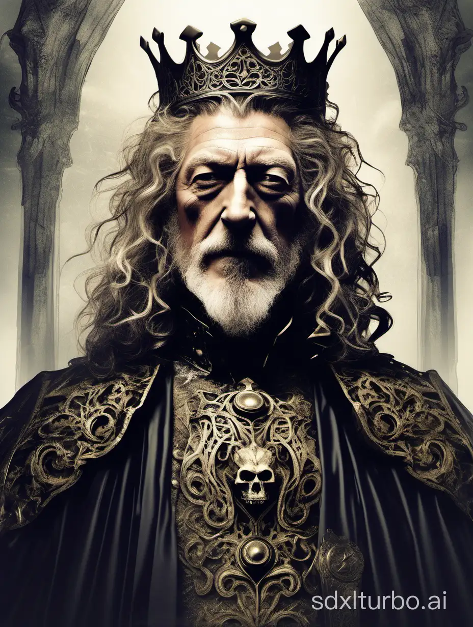 depict a [abstract older Robert Plant] as a the king,

half body, masterpiece, ornate tarot card, hyperdetailed, ultra-realistic, UHD, horror, fantasy, style of Ravenloft, style of D&D,