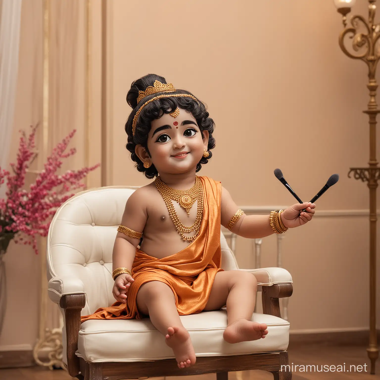 loard little krishna sitting on a salon chair and he picked a makeup brush on his hand with salon background