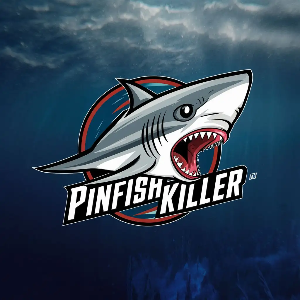 logo, shark with sharp teeth, with the text "Pinfish Killer", typography