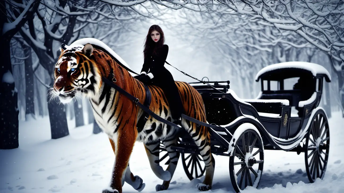 Enchanting Winter Scene SnowCovered Carriage with a Dark and Beautiful Girl and Majestic Tiger