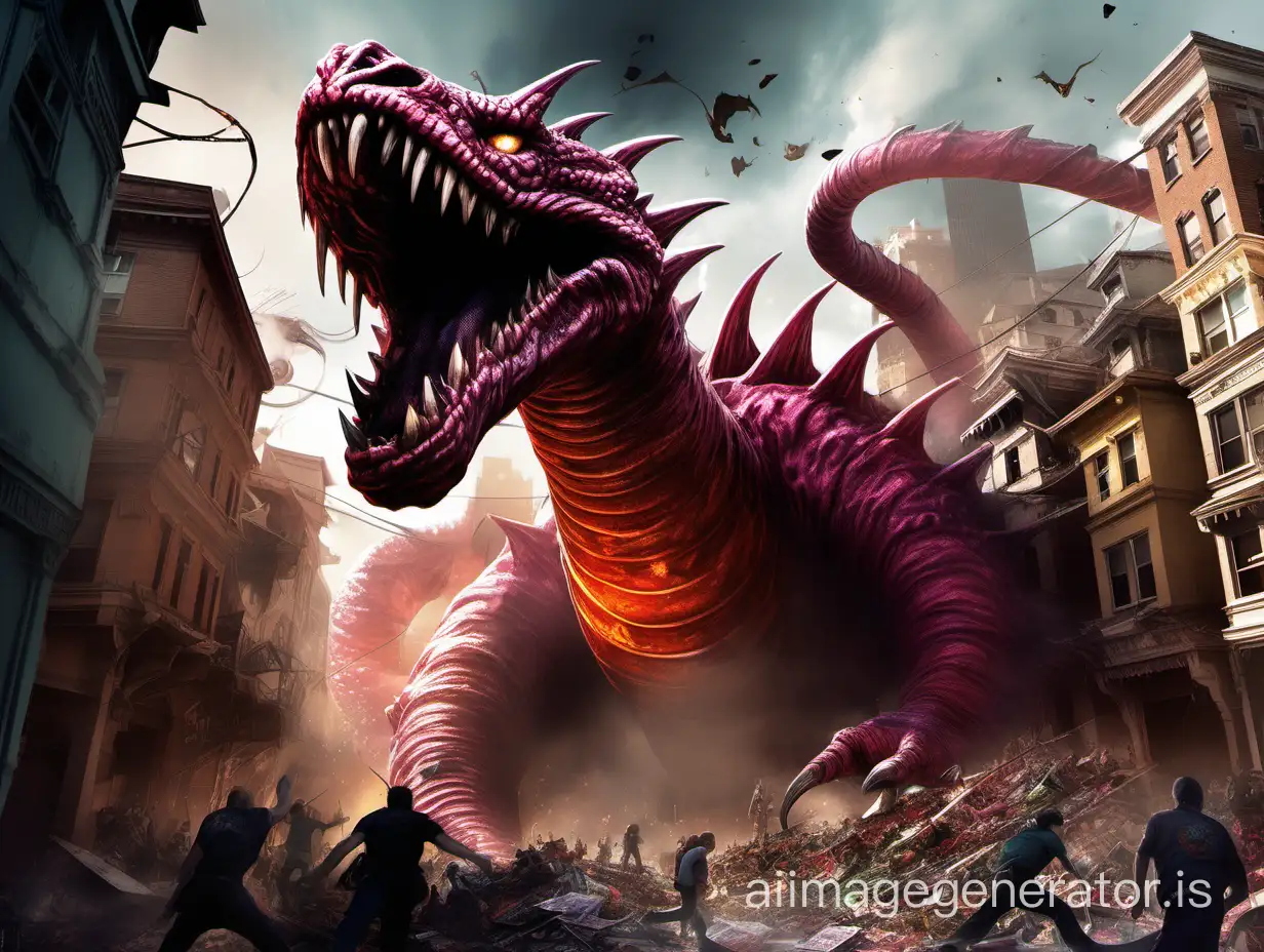 A Siege Wurm from Magic the Gathering crashing through a fantasy neighborhood, towering over buildings, roaring, destruction, vivid colors, dramatic lighting, chaotic scene, high contrast, dynamic composition
NEGATIVE: extra head, extra eyes, extra mouth, extra tail, legs,
