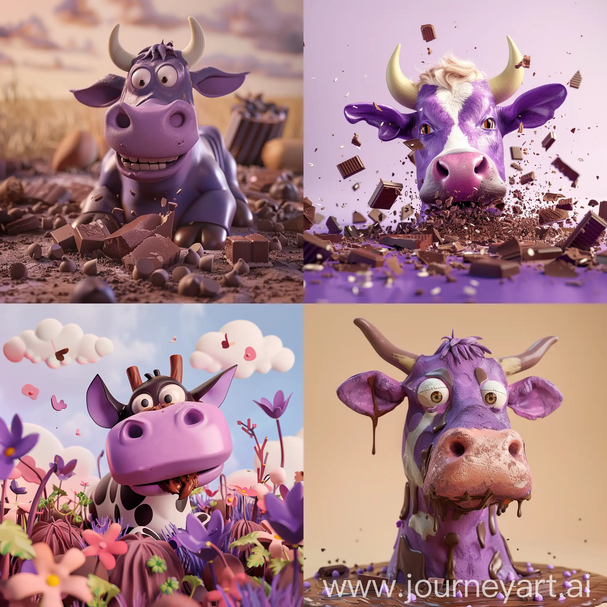 A purple cow eats chocolate :: 3D animation