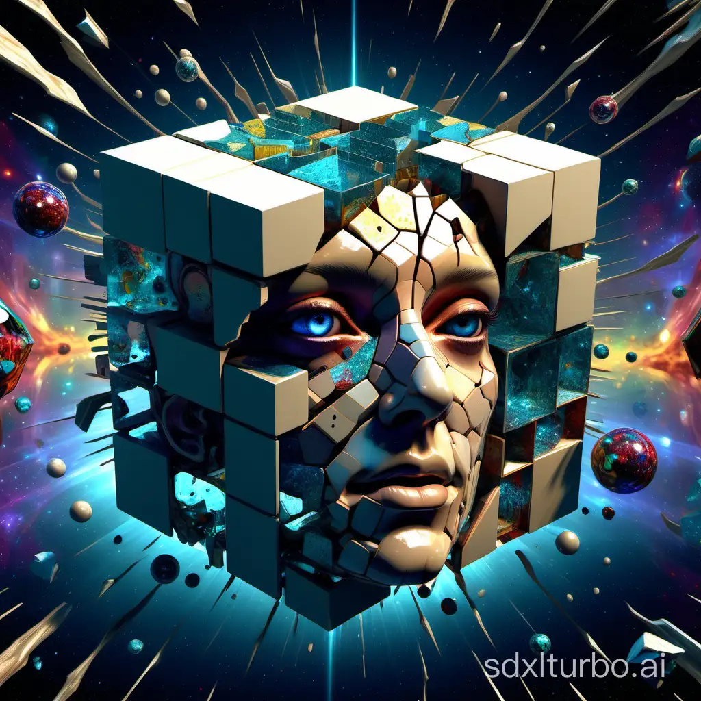 Human anatomy, fragmented body parts, 3d cube fragmentation of body, cubes and orbs breaking off face, CGI surreal masterpiece, vibrant colors, rim lighting, mechanical fragmentation, biosphere decomposition, high detail, floating parts, detailed cosmic background, fractal art, galaxy light vision, 16k, Astral concept art, sharp lines