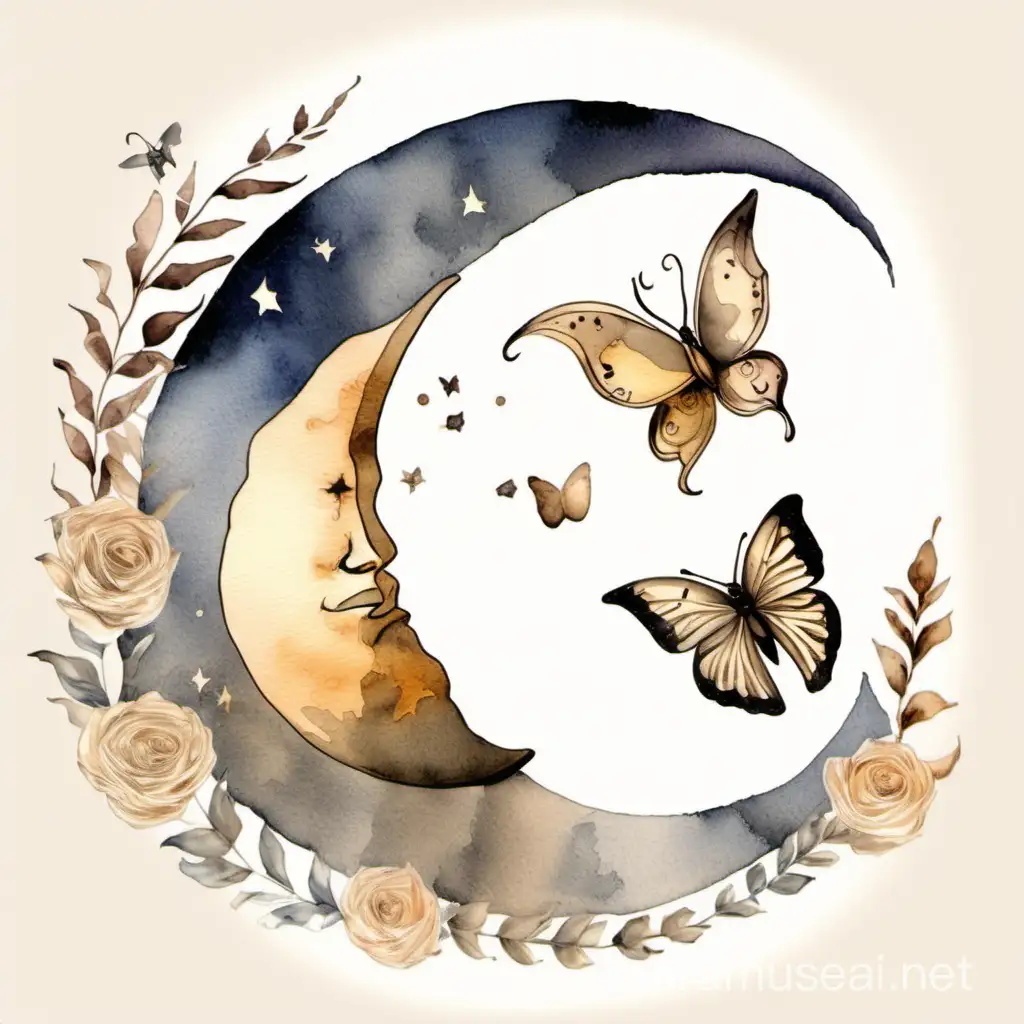 aquarelle représentant croissant de lune avec papillon et main dessinée tenant un pinceau, couleurs beige 