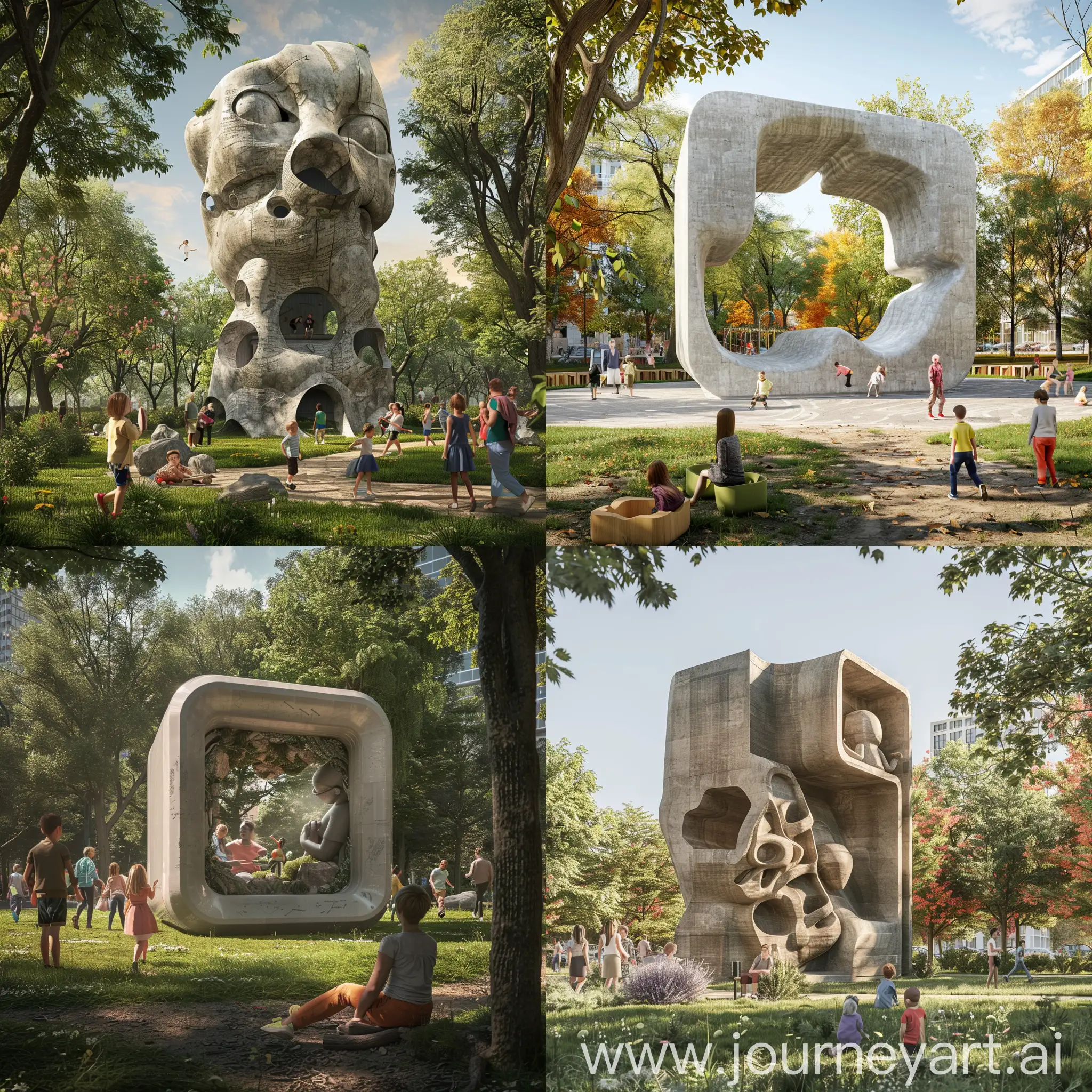 imagen hiperrealista de una escultura urbana  sobre la educación puesta sobre un parque, con niños jugando y padres alrededor