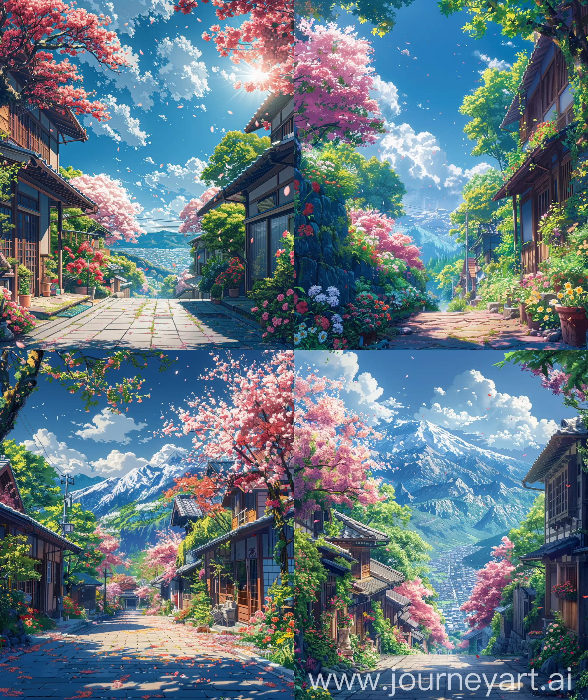 Anime scenary, mokoto shinkai and Ghibli style mix , direct front facade view of Verious spring time nature Views, vibrant look, flowers , Cozy vibe, make some cozy and relaxing Spring view, Clear sky , sunny weather, illustration, ultra HD, high quality,  sharp details, anime scenary , no hyperrealistic --ar 27:32 --s 400