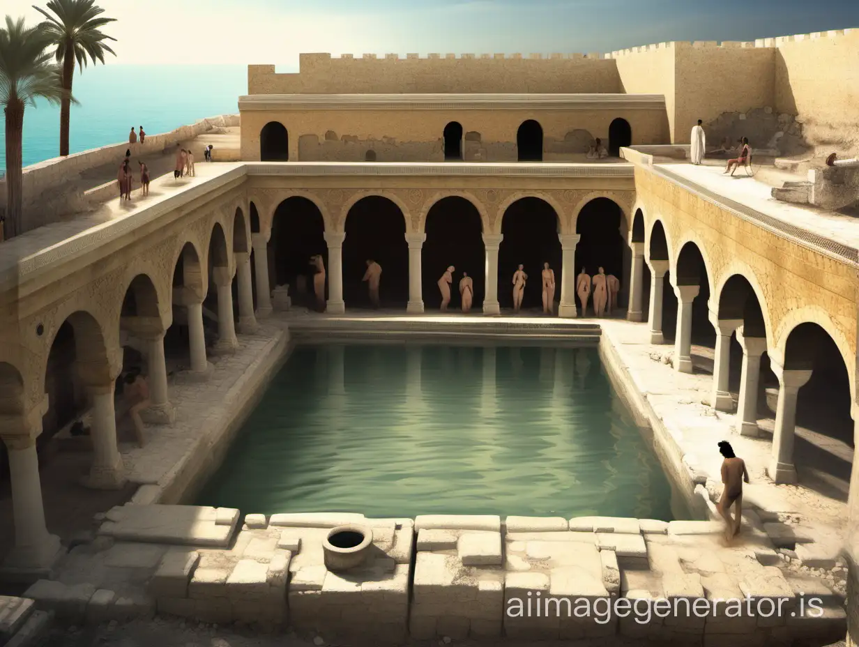 ancient Carthage hammam or public bath with people bathing