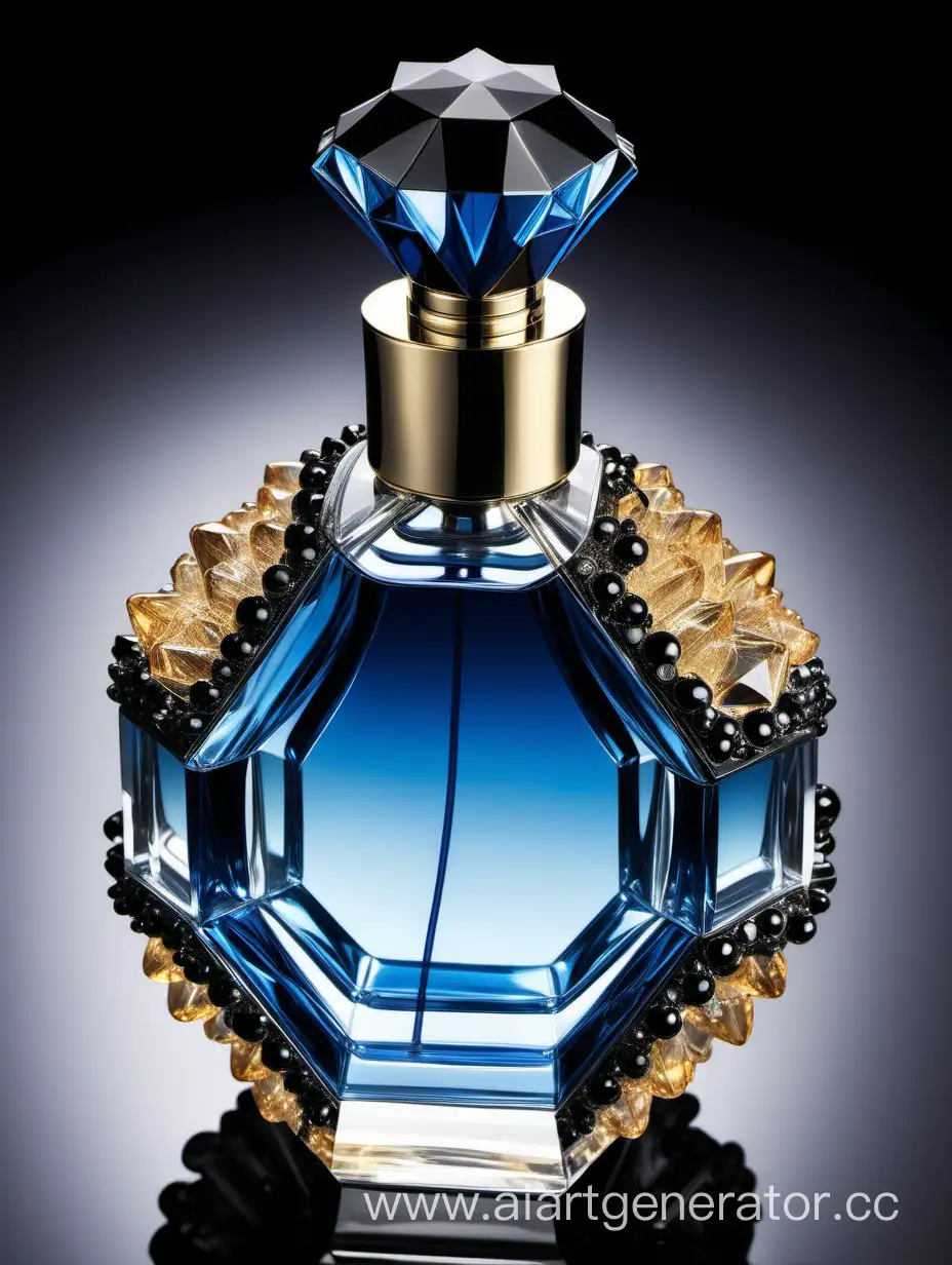 Elegant-Crystal-Clear-Perfume-Bottle-in-Blue-Black-and-Gold