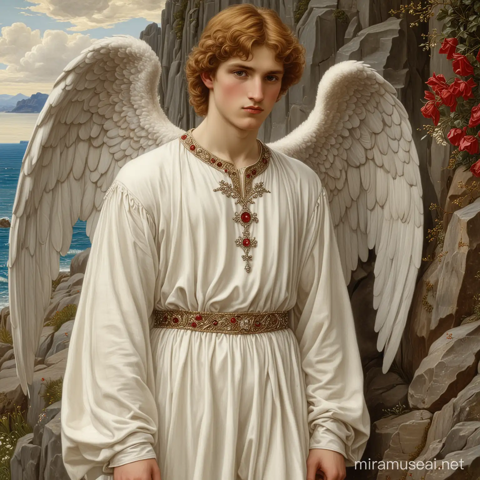 Edward Burne-Jones painting of a beautiful 17-year-old young male angel, wearing white robes with diamonds, red silk and robes, standing on a rock, high colors, high detail, full body - c 22 —s 750 —v 6.0 — ar 5:7 --niji 4 --ar 3:4 --no 69487