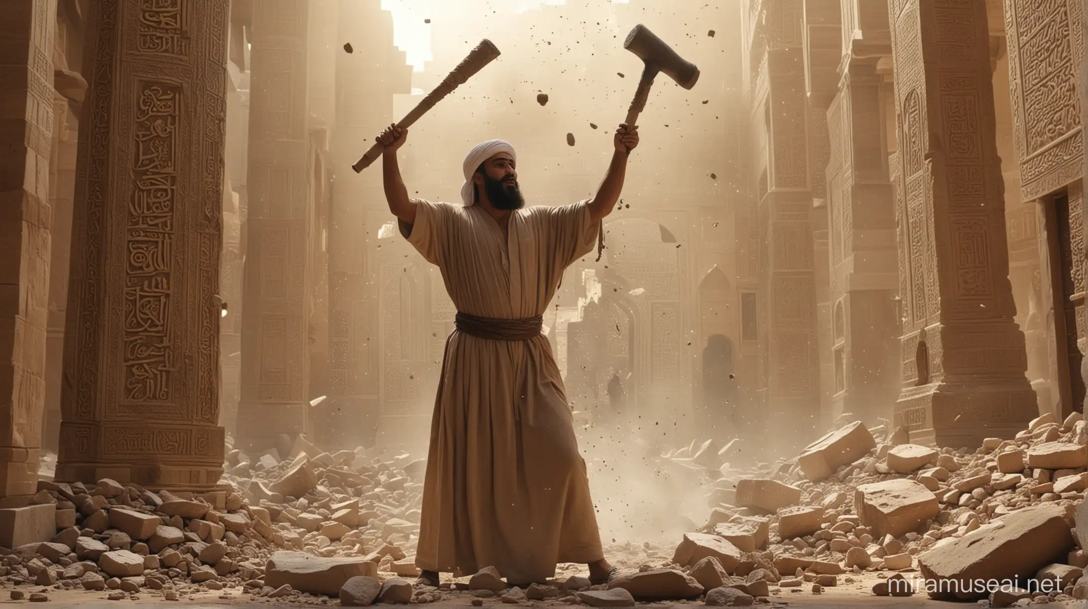 Prophet Ibrahim ( عليه السلام) Smashes the Idols: A powerful and dramatic scene of Ibrahim ( عليه السلام) swinging a hammer, shattering idols in a temple. The air is filled with dust and debris, symbolizing the breaking of false idols. 4k HD