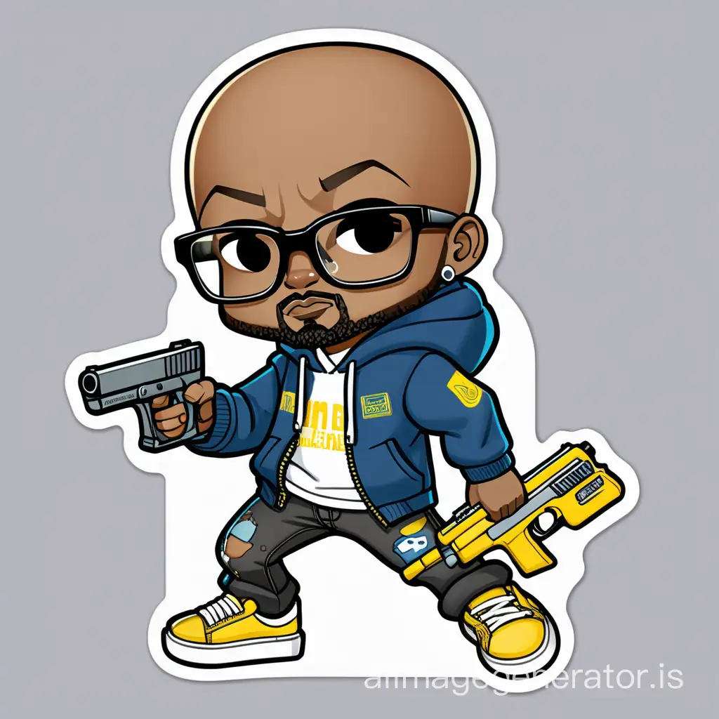 Bald male dark skin goatee glasses black hoodie jeans white sneakers holding large blue and yellow gun sticker style chibi