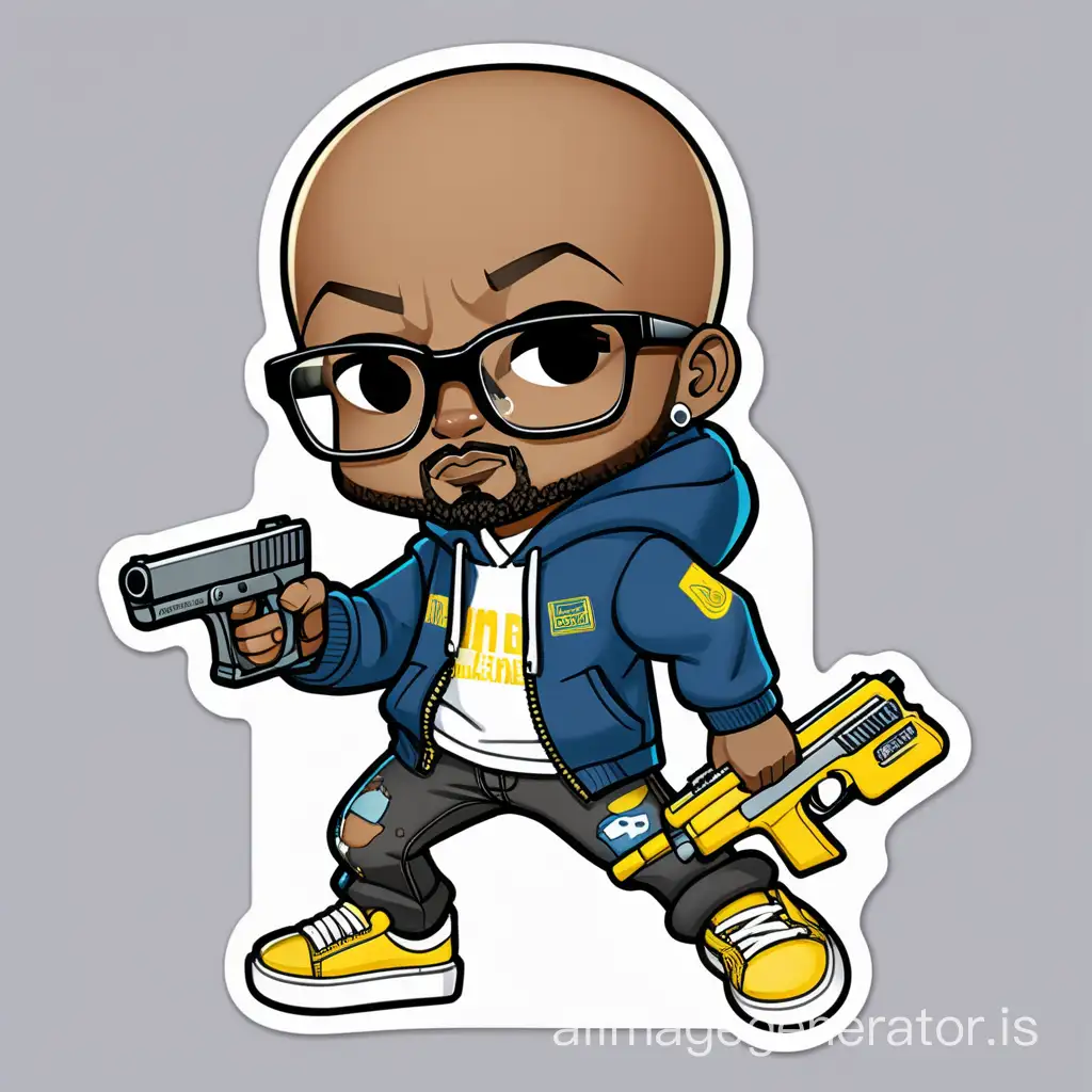 Stylish-Bald-Man-with-Goatee-and-Glasses-Holding-Colorful-Gun-Sticker-Urban-Chic-Fashion