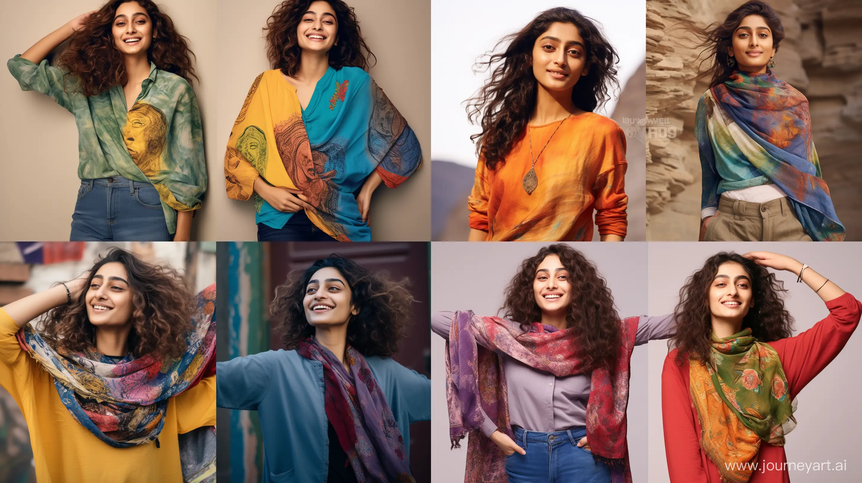 A genuine photograph divided into two parts. On the left, a joyous, plump girl resembling Golshifteh Farahani, donned in a vibrant dress, half-hair-covered scarf, long-sleeved tee, and jeans. On the right, a fit, content girl resembling Golshifteh Farahani, sporting a well-proportioned figure, cheerful dress, half-hair-covered scarf, long-sleeved tee, and jeans. The uniform blue background sets the stage for their happiness, creating a visual dichotomy. Photography, DSLR camera with a 50mm lens, capturing genuine smiles and natural lighting, --ar 16:9