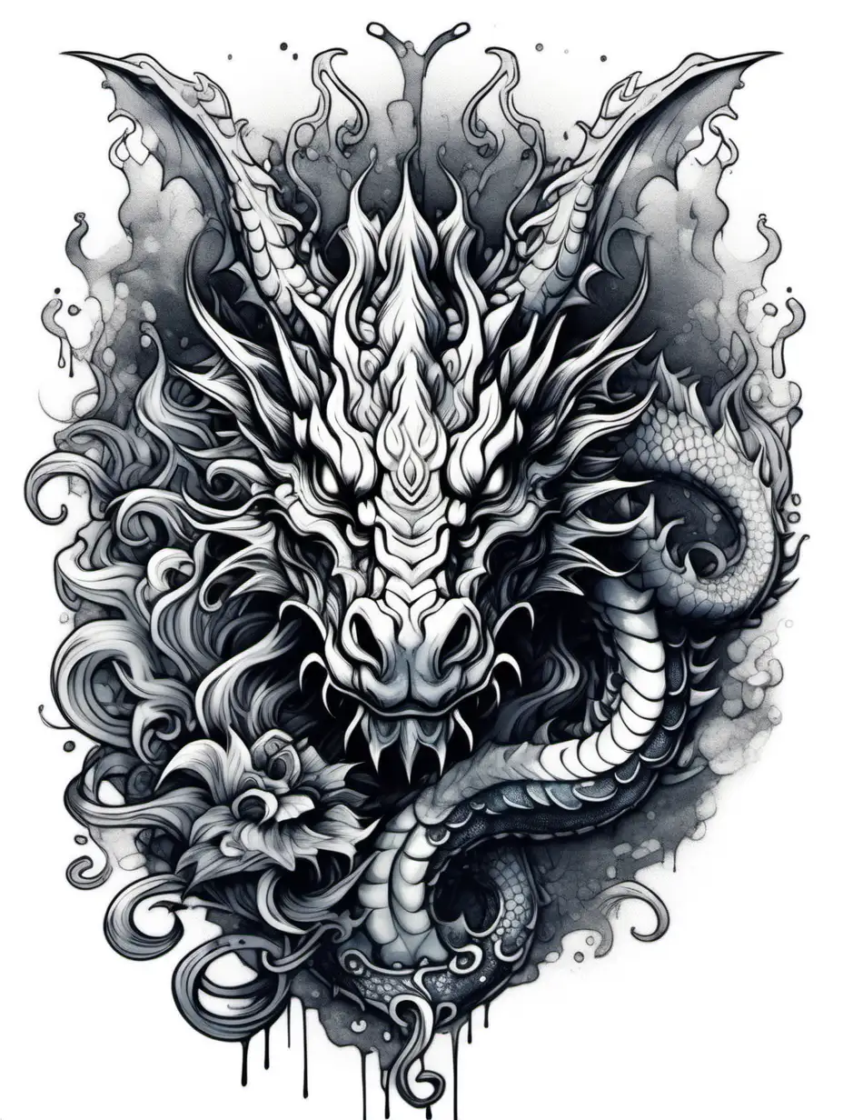 ethereal Bohemian front head of dragon, high contrast dripping ink, ornate, detailed illustration, octane render, street art, sticker style, white background