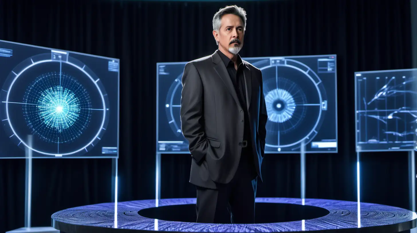 A distinguished man in his fifties with short black hair and white around his temples, a short black and grey goatee,  standing on a small pedestal in the middle of a room full of advanced tech, looking at a holographic display of data.