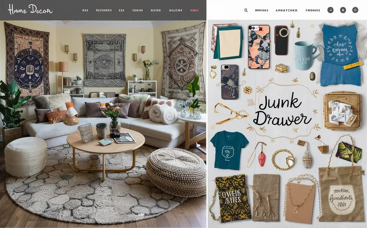 create a website banner for home decor store that focuses on tapestries, shower curtains, wall art, round rugs, throw pillows,  but also has a " Junk Drawer" for products that don't really fit well such as mugs, phone covers, t-shirts, bags, jewelry , notebooks etc.