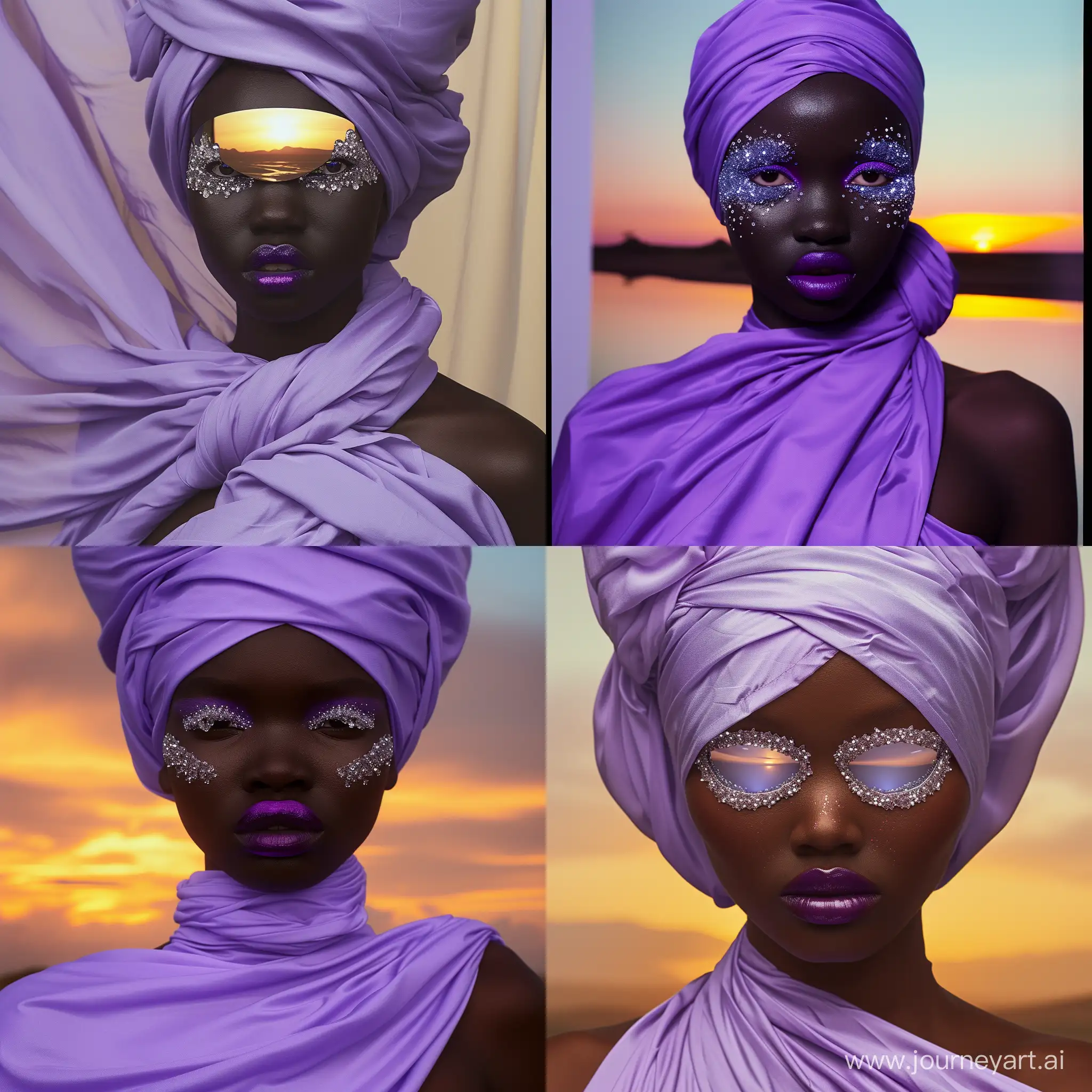 black female model, her body rapped in violet color loose cloth, the background reflects a still sunset scene, around her eyes crystals applied on the eye corners, full lips, with purple lipstick. photo in IMAX film style, Nikon 70mm shot.