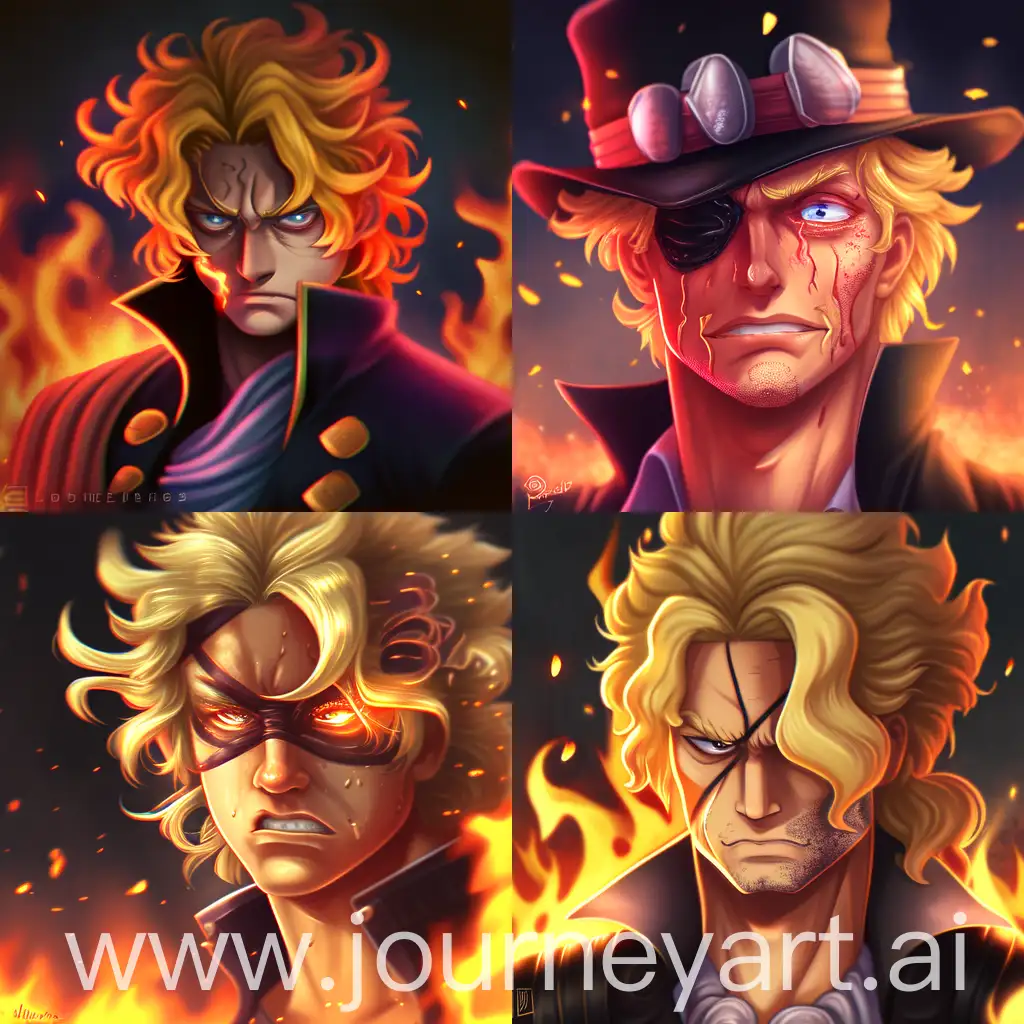 golden curly hair, rounded eyes, a burning scar in his left eye, monkey d. sabo from one piece, male.