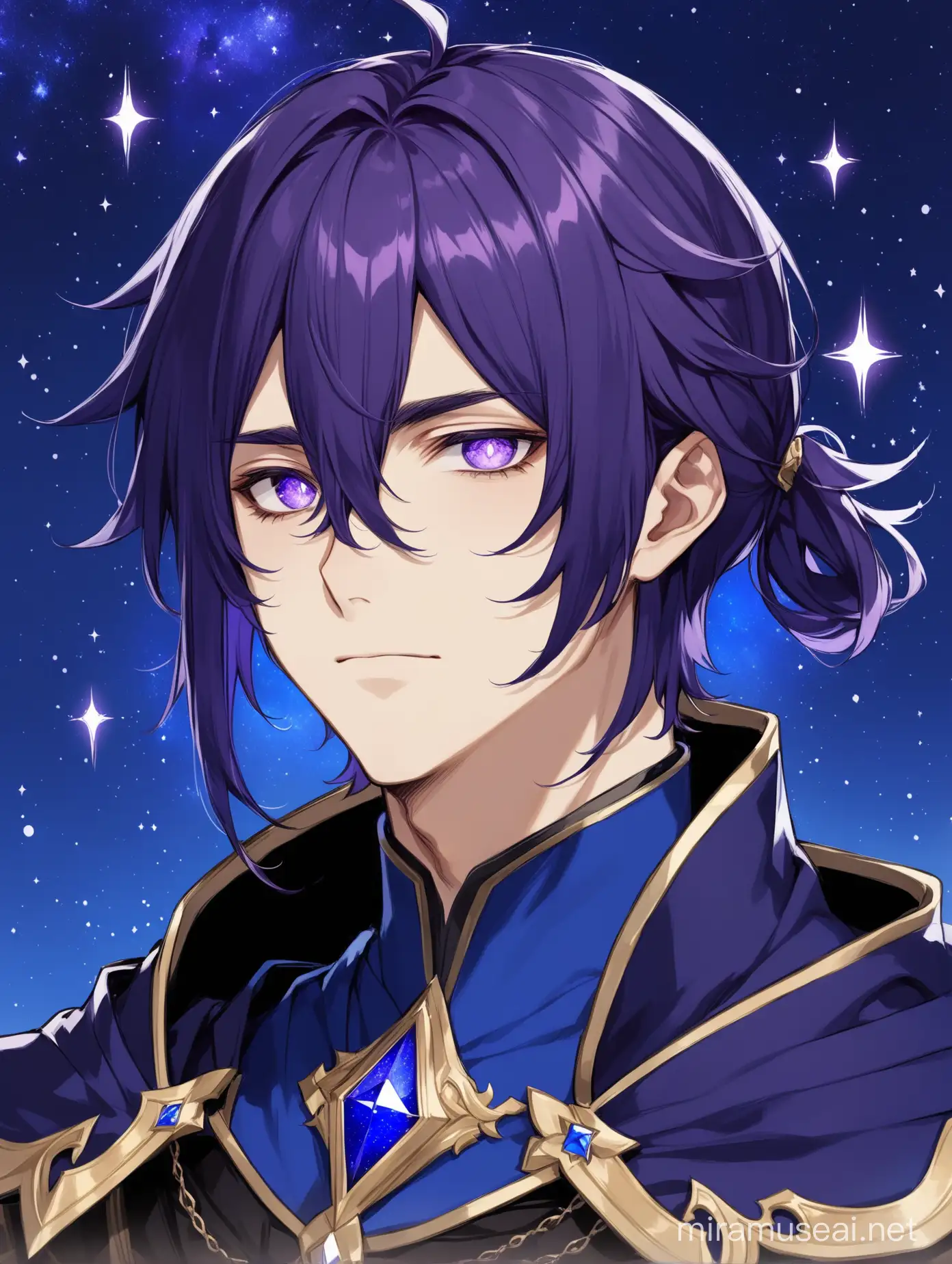 Make a 25-year-old man with long MAROON stringy hair tied into two high ponytails that jut upward and outward.He is pale with purple eyes with diamond pupils. He has purple eyebags under his eyes. He is wearing an outfit like Dainsleif from genshin impact, but his outfit is midnight blue, very dark purple and black and gold. He has an outfit aesthetic like Dainsleif from Genshin impact. His eyes have diamond pupils. He has a mask covering the side of his right face - This mask is dark purple and cracked like Dainsleif from Genshin Impact. IT ONLY COVERS ONE SIDE OF HIS FACE. He has a dark purple galaxy cape that has stars on it like the milkyway. He has purple eye bags underneath his eyes. He looks unbothered. HE HAS LONG HAIR
