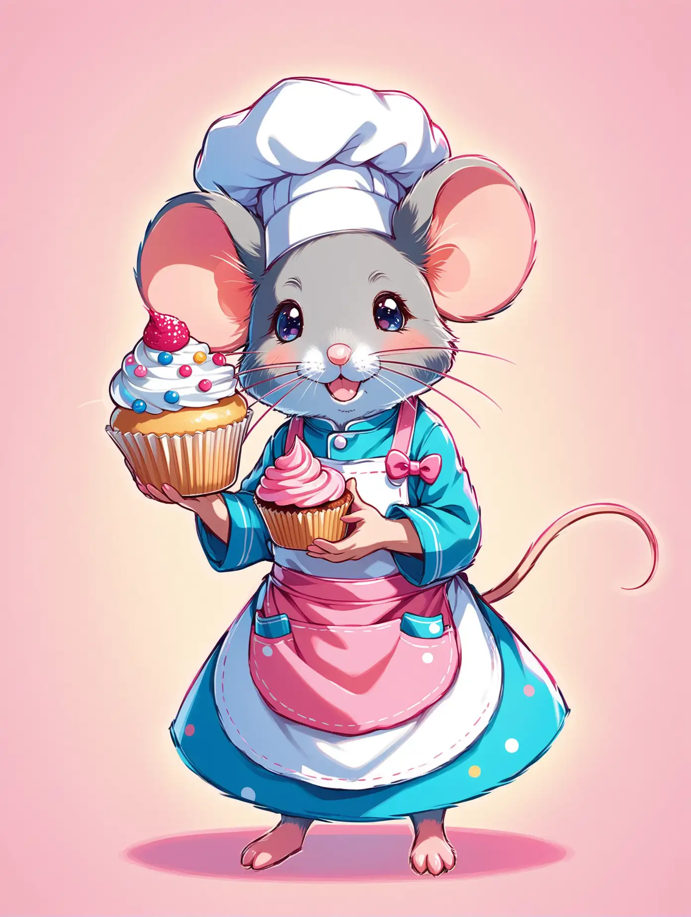 A super cute mouse wearing an apron and a chefs hat, holding a cupcake, colourful pinks and blues