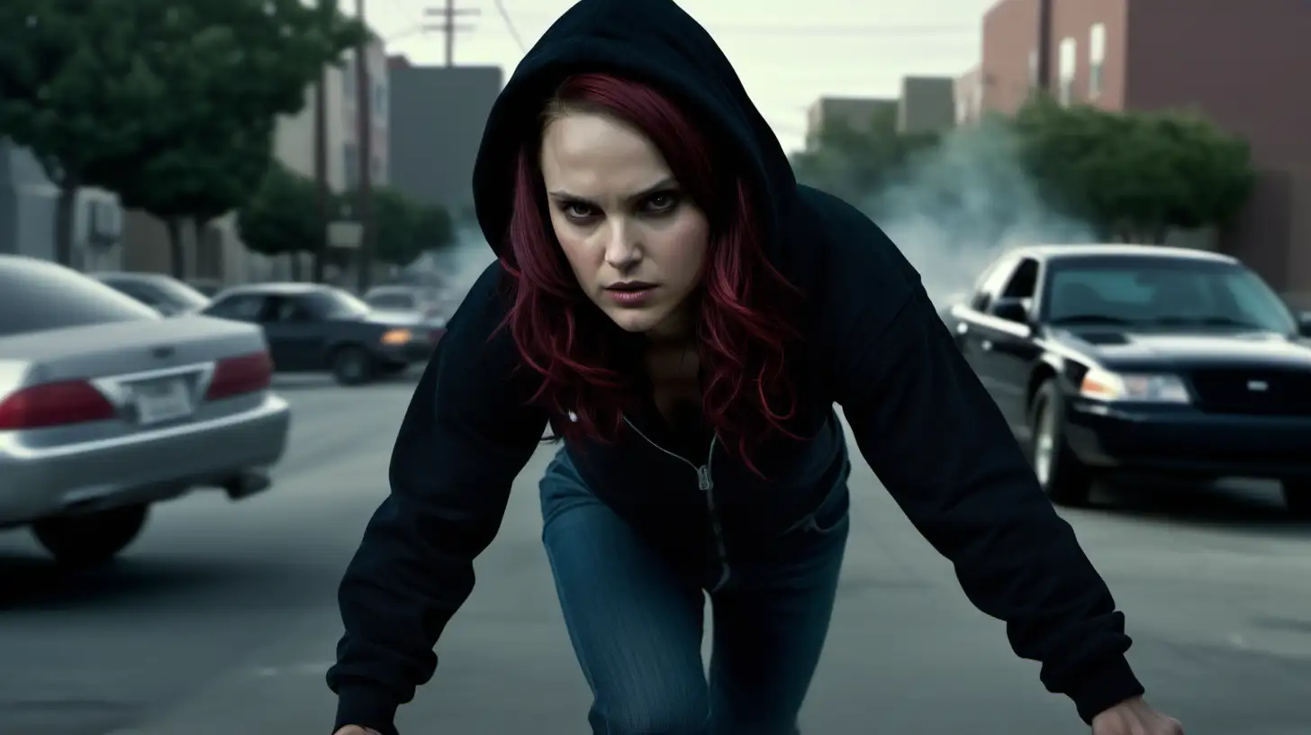Subject: A fiercely determined woman, ready for confrontation
Setting: The center of a dimly lit, deserted street, near the black sedan
Background: The stark street setting for the showdown
Style/Coloring: Sharp contrasts and shadowy tones
Action: The woman's resolute stance, preparing for a fight
Items: The black sedan in the background, emphasizing the showdown's intensity
Costume/Appearance: The woman, resembling a 40-year-old Natalie Portman, in a dark hoodie and jeans, with dyed dark red hair
Accessories: The distant biker, with Ron Perlman-like features, adds to the tension