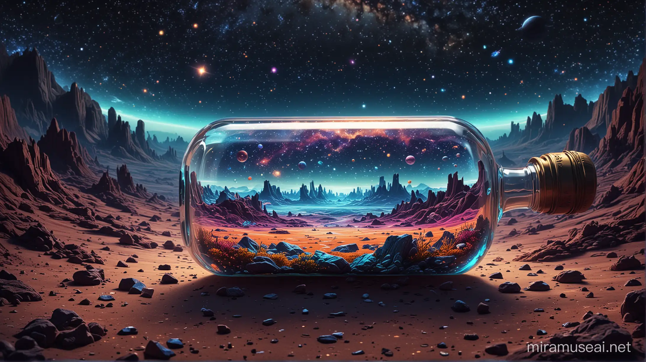 Neon Glass Bottle Floating in Space with Vibrant Landscape