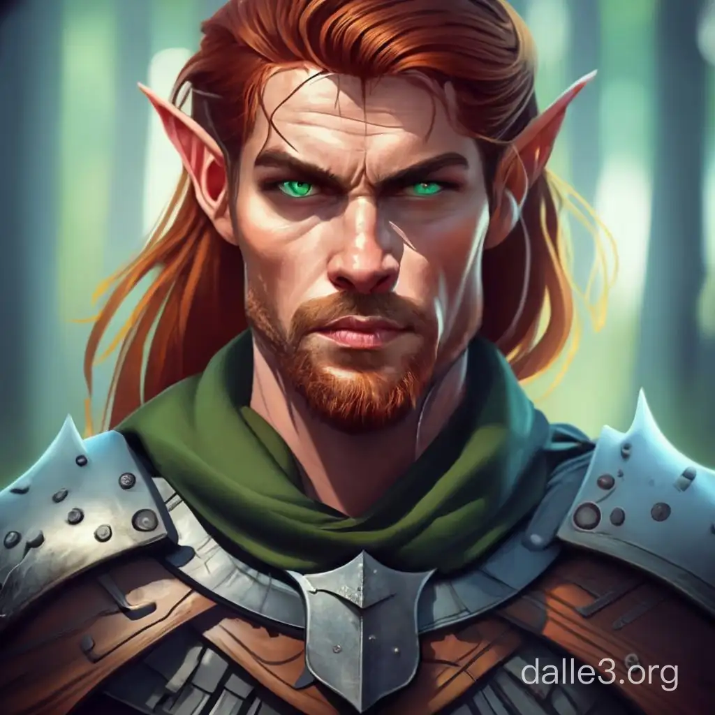 i need an image of an unattractive male adult wood elf ranger who is a drakewarden archeytype wearing scale male armor and has fair skin, auburn hair, and emerald green eyes and is 5'8" and 145 pounds