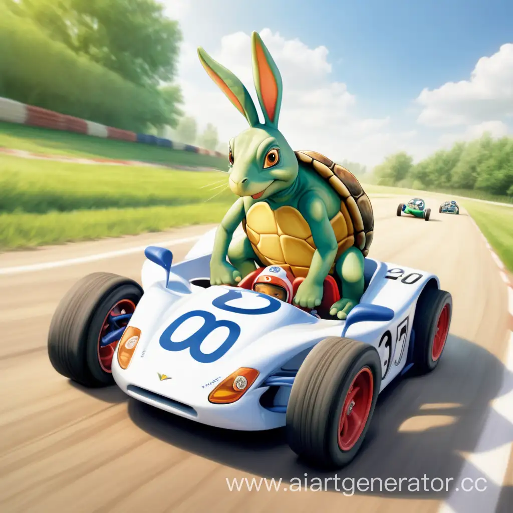 The turtle in a racing car and the hare running alongside it