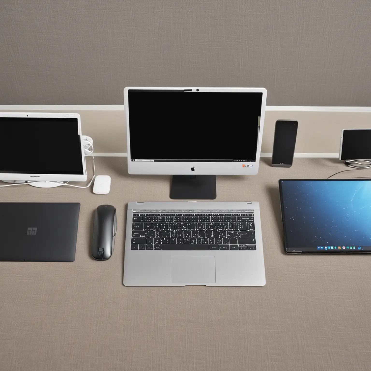 Modern Workspace with Laptops Desktop Computers and Tablets