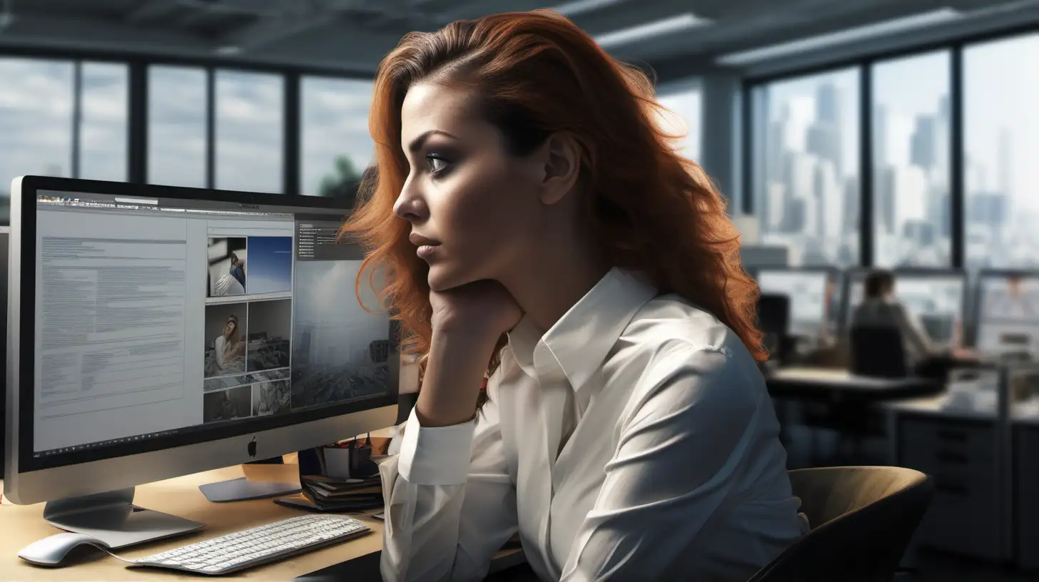 Professional Woman Engrossed in Work on Computer in Modern Office Setting