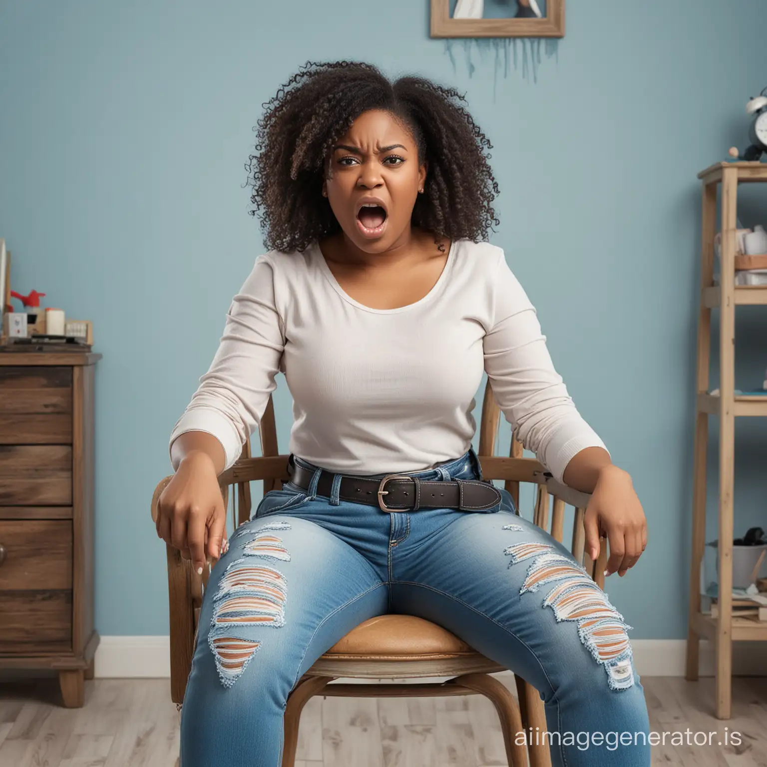 real photo of a curvy young black mother in rage,sitting on a chair,angry face,ripped blue faded tight jeans with belt,messy children's room,extremely realistic,skin features,scolding severely the viewer
