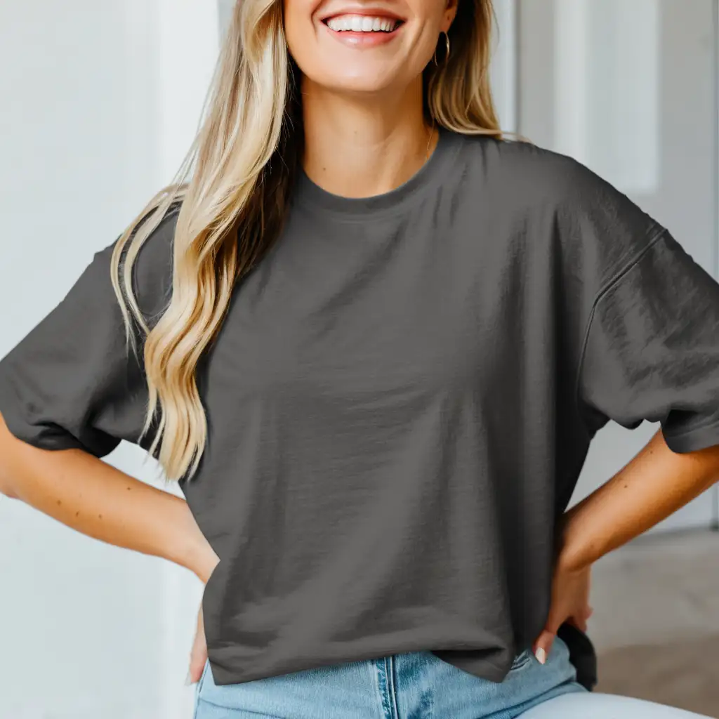 blonde woman wearing oversized comfort colors pepper t-shirt mockup