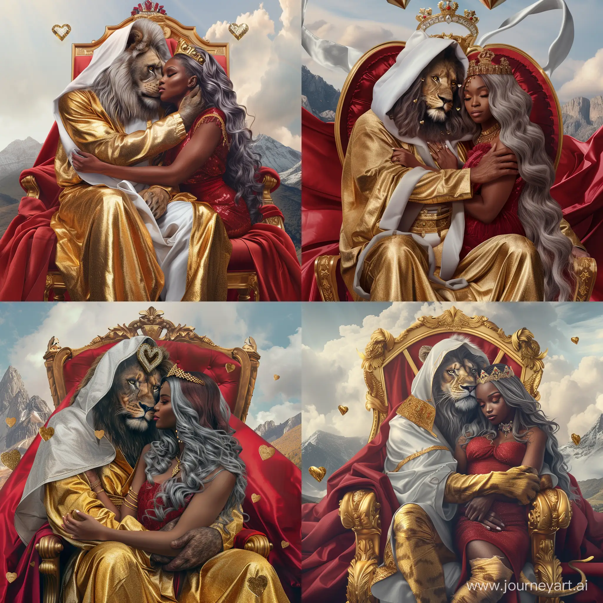 Double Exposure digital hearts, a high-definition illustration royal king lion wearing gold white hooded silky biblical full length radiance coat, sitting on large gold red fabric, gold frame royal throne, on his lap with her arms hugging behind neck is a beautiful realistic African American 50 years old woman extra long wavy grey burgundy hair with gold diamond head band, wearing elegant red royal dress, looking into each other eyes representing Valentine's Day love, hearts gold silver diamonds blend on mountain kingdom in sky background